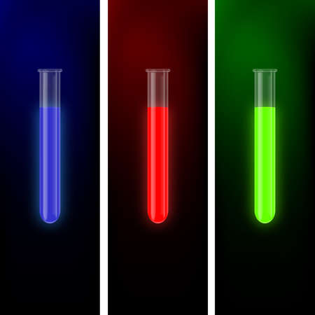 a set of transparent beakers with glowing liquidsのイラスト素材