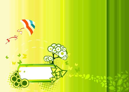 Green illustration with frame for text, butterflies, tree and kiteのイラスト素材