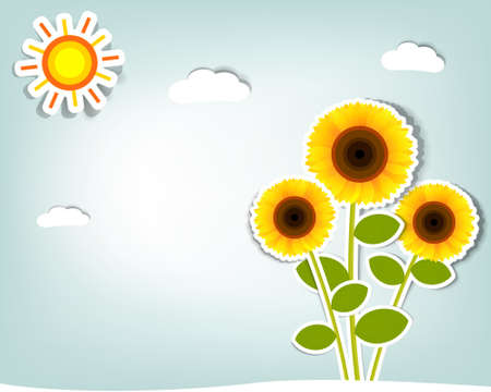 stylized vector sunflower on background sky, clouds and sunのイラスト素材
