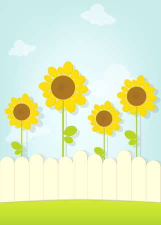 sunflowers behind fenceのイラスト素材