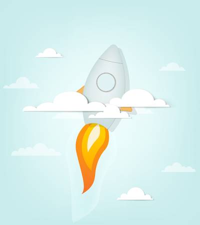 cartoon rocket ship in the skyのイラスト素材
