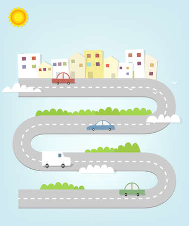 cartoon road map of the city with houses and carsのイラスト素材