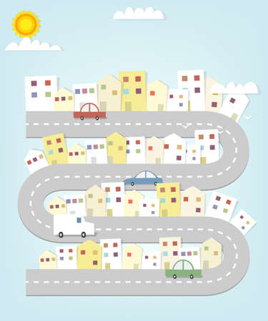 cartoon road map of the city with houses and carsのイラスト素材