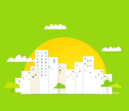 cartoon urban landscape on sunset backgroundのイラスト素材