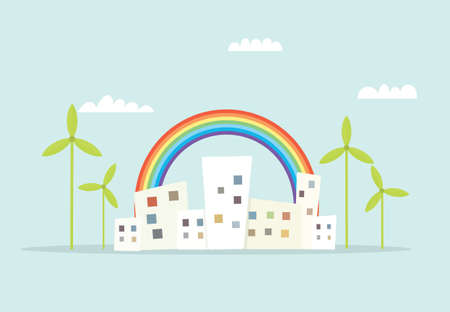 cartoon city with rainbow and windmillsのイラスト素材