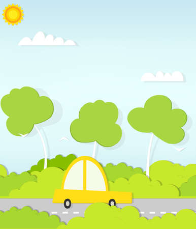 flat paper car on roadのイラスト素材