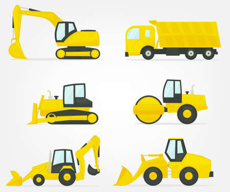 collection of construction machinery from excavator, dump truck, bulldozer, road roller, loader, tractorのイラスト素材