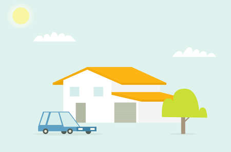 family home with car and treeのイラスト素材