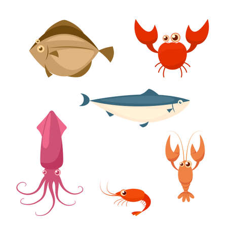 Sea food cartoon icon set. crab lobster shrimp squidのイラスト素材