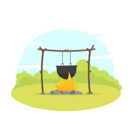 Black camping pot over bonfireのイラスト素材