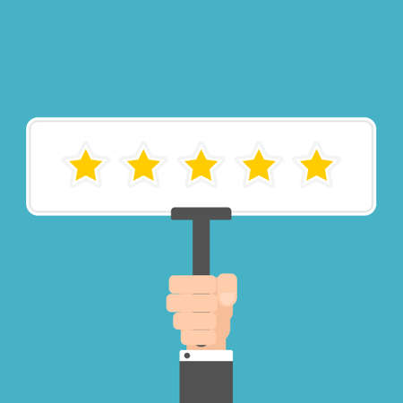 Customer reviews concept. Hand holding paddle. Vector illustrationのイラスト素材
