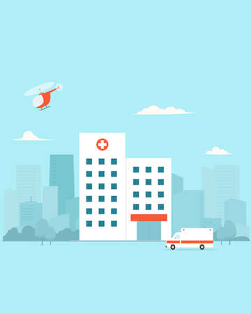 Hospital building with ambilance car and helicopter. Vector illustrationのイラスト素材