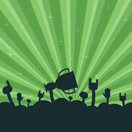 Cheering crowd. Hand holding trophy. Vector illustrationのイラスト素材
