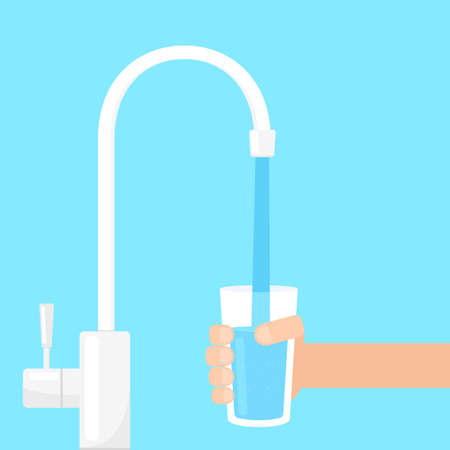filling glass with water from filter tap. Vector illustrationのイラスト素材