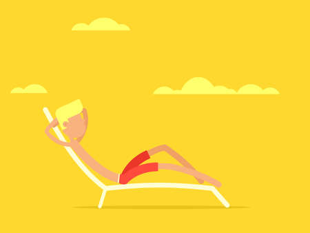 man on beach chair. Vector image isolated on yellow backgroundのイラスト素材