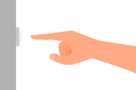 Hand pressing doorbell button. Clipart image isolated on white background. Side view
