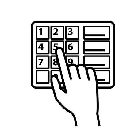 Hand with ATM keypad outline icon. Clipart image isolated on white backgroundのイラスト素材