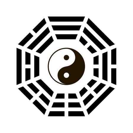 Yin and yang symbol with bagua arrangement. Clipart image isolated on white backgroundのイラスト素材
