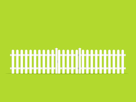 White picket fence with gate icon. Clipart image isolated on green backgroundのイラスト素材
