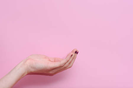 horizontal studio take of the hand of a caucasian woman with palm of the hand up holding something on a pink backgroundの写真素材