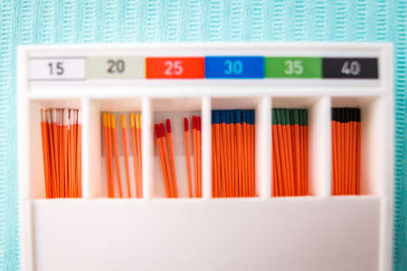 endodontic instruments on the napkin. Top view with copy space for text.の写真素材