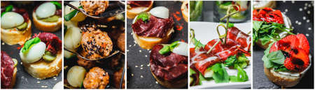 Food collage of snacks with meat and vegetables. Tapas with strawberries and cheese, salmon with...