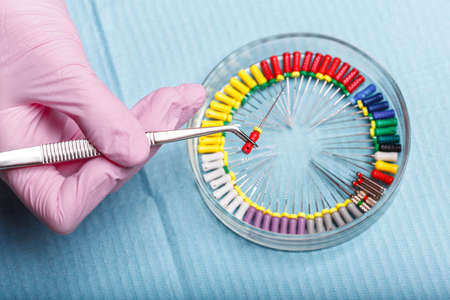 endodontic instruments on the napkin. Top viewの写真素材