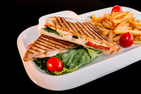 European international fusion cuisine, a beautiful dish on a white plate decorated with herbs and vegetables. a professional chef has prepared a delicious meal. Vegetarian food and meat restaurant dishes. fast food.の写真素材