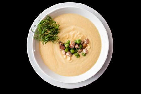 European international fusion cuisine, a beautiful dish on a white plate decorated with herbs and vegetables. a professional chef has prepared a delicious meal. Vegetarian food and meat restaurant dishes. fast food.の写真素材