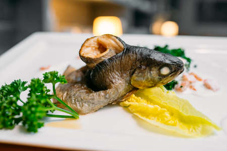 European international fusion cuisine, a beautiful dish on a white plate decorated with herbs and...