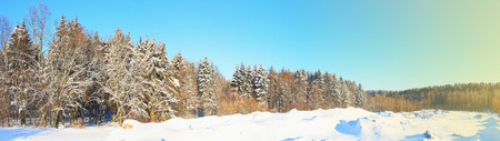 Winter sunny day on a background of forest and hills, covered with snow. Side shines a ray of sunshine. Landscape winter nature. Prekrsny day in the wild. Place for winter sports and hiking.の写真素材
