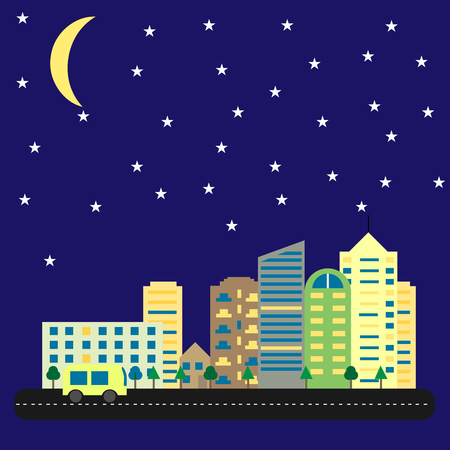 modern city with tall houses and skyscrapers at night. Cityscape of road and cars under starry sky with moon. Skylines vectorのイラスト素材