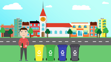 separate garbage waste. concept of processing waste and garbage. man stands near garbage containers with waste for glass, plastic, paper, household waste with bottle  against backdrop of modern city.のイラスト素材
