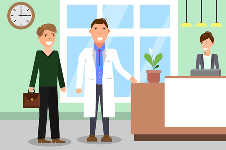 Medicine concept with doctor and patients on hospital hall background. Doctor and patient in reception of hospital. Administrator woman sits on reception desk in medical clinic.のイラスト素材