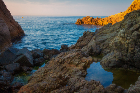 Seascape with rocky beach. Sea landscape with rocks. Spain mediterranean nature in Costa Bravaの写真素材