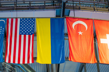 International flags on the  arena. Flags of different countries at sports competitionsの写真素材