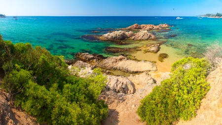 Cala Treumal beach in Lloret de Mar, Spain. Beautiful summer beach in Costa Brava resort. Sea nature landscapeの写真素材