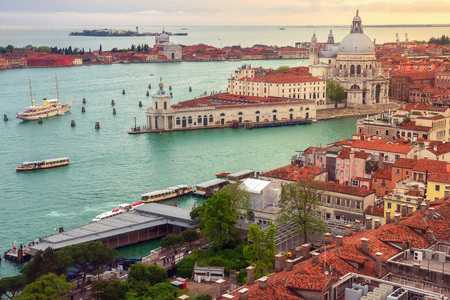 Venice cityscape from above. Top view of old town Venice at sunset, Italyの写真素材
