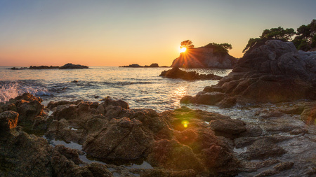 Panorama Costa Brava sea beach at the morning sunrise. Sea nature landscape rocky coast in Lloret de Marの写真素材