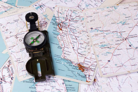 California state map, compass. View from above