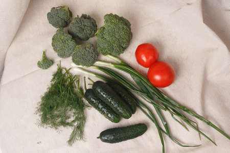 Green onions, cucumbers, tomatoes, broccoli and dill on a fabric backgroundの写真素材