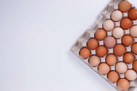 Yellow, beige and white chicken eggs in a paper container. Isolateのeditorial素材