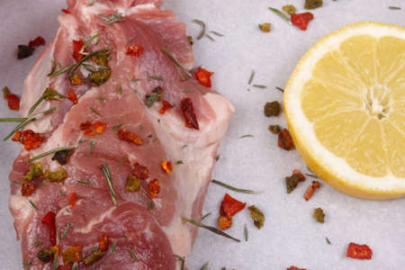 Spiced meat and lemon on paper. View from above. Close-upの写真素材