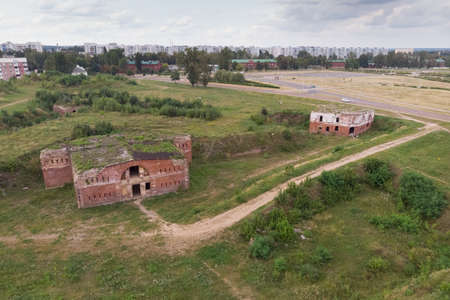 Aerial photography of buildings of the Bobruisk fortress in the Minsk direction. View of the buildings from above, the road, the dwellings of the building.の写真素材