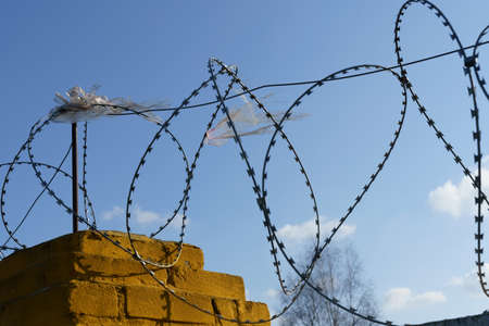 Torn bag on barbed wire. A wire on a brick fence. In the background are clouds and blue sky.の写真素材