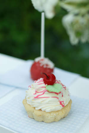 Cherry cake lies on a light napkinの写真素材