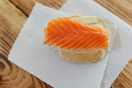 Sandwich with red fish, salmon. View from aboveの写真素材