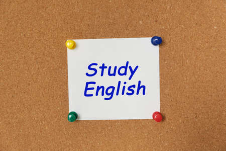 Text Study English written on a sticker pinned on a cork boardの写真素材