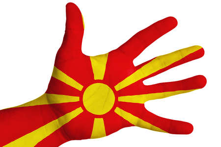 Open palm with the image of the flag of Macedonia. Multipurpose concept. Image on a white background. Isolateの写真素材