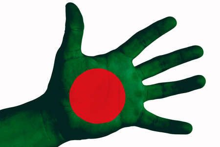 Open hand raised, multi purpose concept, Bangladesh flag painted - isolated on white backgroundの写真素材
